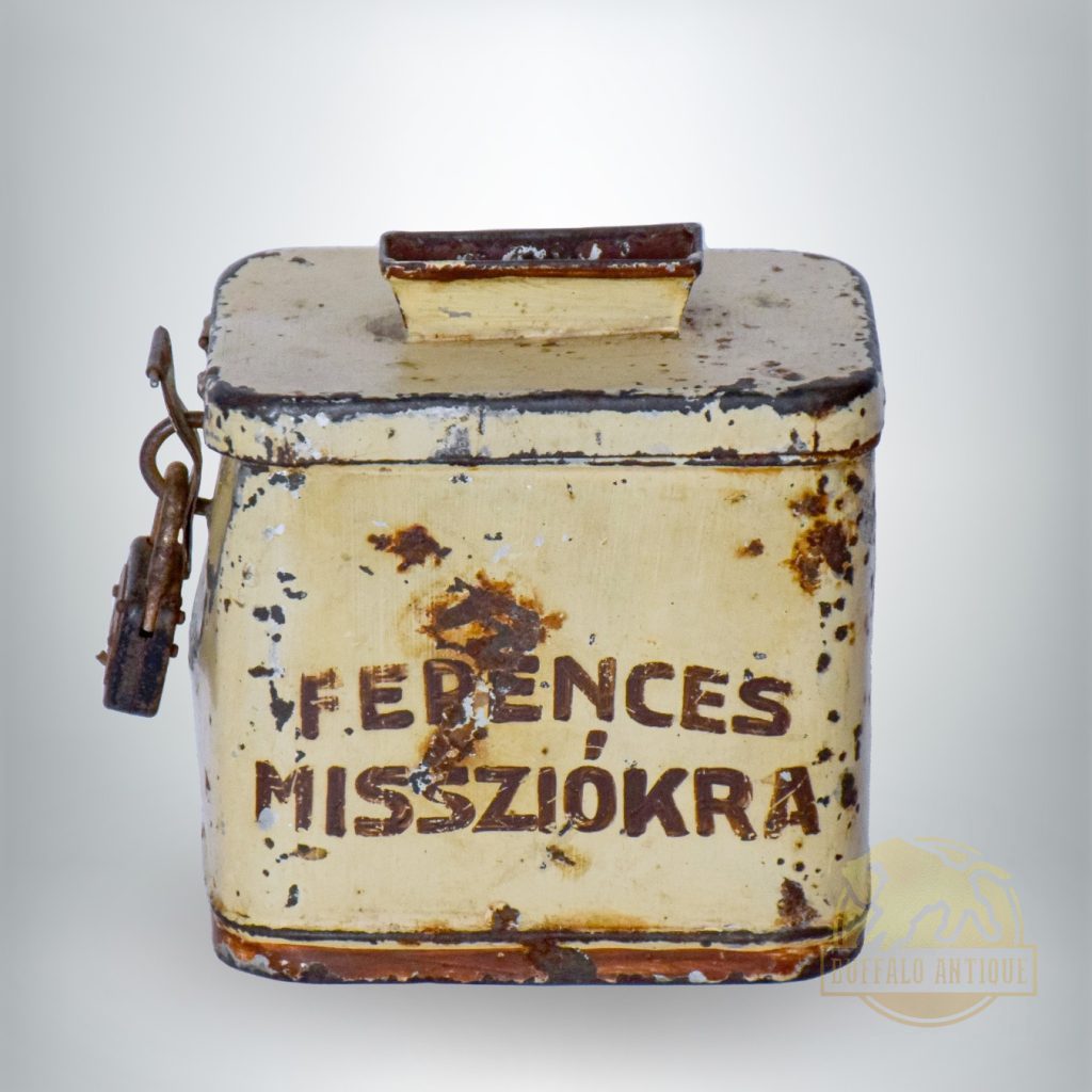 Fém persely "FERENCES MISSZIÓKRA" felirattal